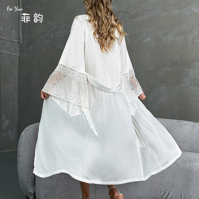 New Satin Morning Robe - Luxury Lace Trimmed Sleepwear with Long Sleeves